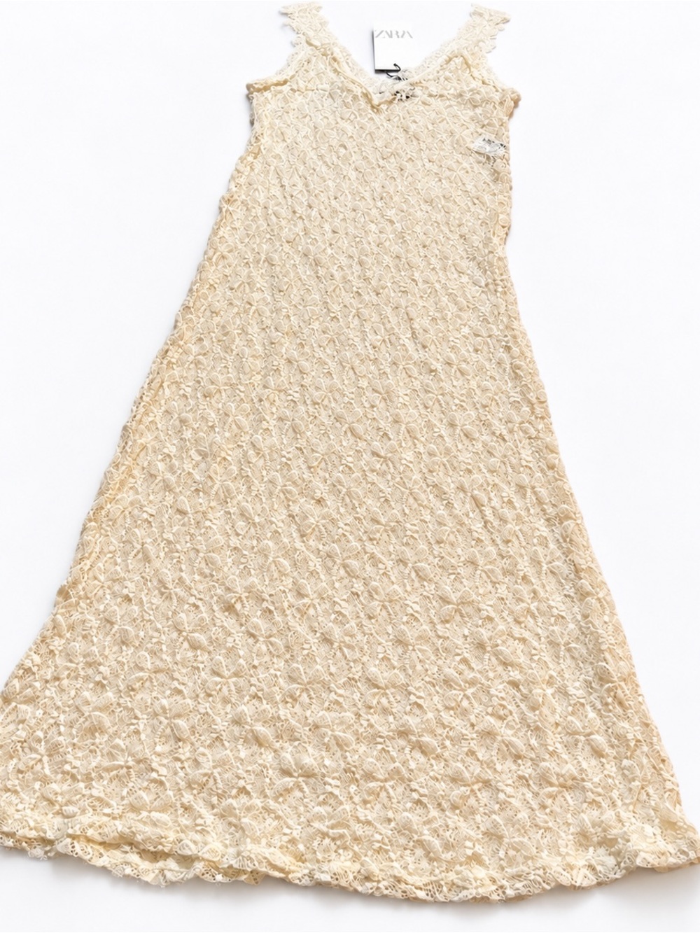 Zara Lace V-neck Semi-Sheer Midi Dress, Cream M NWT - Picture 9 of 16